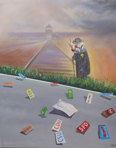 Verdrängt und vergesst, Öl/Lw  100 * 80. Der Nationalismus hat mich sehr beschäftigt. Wie war es nur möglich, ein ganzes Volk zu manipulieren, um es ins Verderben zu führen?. Schon Abraham Lincoln sagte, „willst du den wahren Charakter eines Menschen erkennen, so gib ihm Macht“. Mit den Uniformen erhielten die Menschen Macht. Göbbels machte den Volksempfänger für jeden möglich und konnte so seine Propaganda ins deutsche Volk streuen. 2019 gibt es viele Manipulationsmöglichkeiten, insbesondere durchs Internet. All solche Überlegungen brachten mich auf diese Interpretation meines Bildes. Passt mal ein wenig auf in Deutschland, denn die brutale Gewalt (von Halle 2019) beschäftigt die Menschen nur eine gewisse Zeit, dann sind sie wieder in ihren eigenen Sorgen und Probleme gefangen. Da erscheint mir ein kompetenter älterer Herr mit erhobenem Zeigefinger angebracht, die Menschen aufzufordern, nachzudenken.  Das Bild ist Vergangenheit und Gegenwart. Im Vordergrund wehen Flyer der etablierten demokratischen Parteien, aber auch Flyer von rechtsextremistischen Parteien auf die Straße und ein Stimmzettel. Mit Blick auf unserer Vergangenheit werden wir angehalten, verantwortungsvoll unsere Stimmen abzugeben, so dass die NS-Zeit im Hintergrund bleiben kann.  Für den Hintergrund durfte ich das Bild von Bernhard Heisig verwenden, welches den Titel trägt: “Der liebe Gott schaut zu Herr Offizier“. Der Sohn von Bernhard Heisig hat es erlaubt, was mir Dr. Jörn Clamors freundlicherweise ermöglicht hat.                          Blomberg, am 09. November 2019