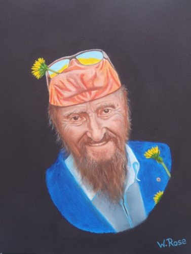 (Portrait Prof. Ernst Fuchs) Öl/Lw 40 * 30 cm W. Rose Im Mai 2013 besuchten meine Tochter Inga und ich Uta Saabel und Prof. Ernst Fuchs in Hamm. Nachdem man unsere mitgebrachte Sachertorte sichtlich genossen hatte, machten wir 4 einen Rapsfeldspaziergang. Zur großen Freude aller schmückte sich Prof. Fuchs mit einigen Löwenzahnblüten mit der Bemerkung „Kadmiumgelb ist eine meiner Lieblingsfarben“. Abends gingen wir gemeinsam Pizzaessen in einem Restaurant mit großem Biergarten. Prof. Ernst Fuchs erzählte dabei von seiner Anfangszeit in Wien und von seinen Freunden Friedensreich Hundertwasser und Salvatore Dali. Ich hatte ein gemeinsames Foto mit ihm vor dem Phantastenmuseum in Wien in mein Lexikon der Surrealisten, Phantasten, Symbolisten, Visionäre von Prof. Gerhard Habarta. Auf dem Foto neben mir trug Prof. Ernst Fuchs einen Hut, Sonnenbrille, einen blauen Blazer und weiße Handschuhe. Ich zeigte ihm das Lexikon und er schrieb lachend darunter: „Endlich wurde der Mafiaboss Ernst Fuchs gefasst und verhaftet, mit herzlichen Grüßen aus Sing Sing, Ernst Fuchs“. Zum Abschied dieses unvergesslichen Tages schenkte er mir noch einen limitierten Druck seiner „Totenkopfjägerin“ mit persönlicher Widmung. Wir hatten viel Spaß zusammen im Mai 2013.